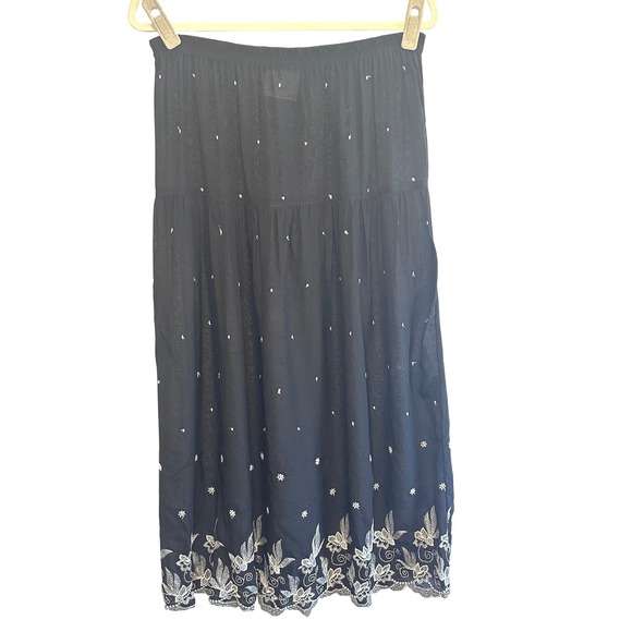 Vtg Biya Johnny Was Sheer Embroidered Midi Skirt Black Boho Y2K Festival Size S - Picture 1 of 6